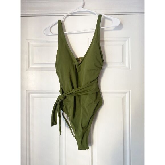 Shade & Shore Palm Plunge Tie Front Wrap Cheeky One Piece Swimsuit Size Small - Picture 2 of 6